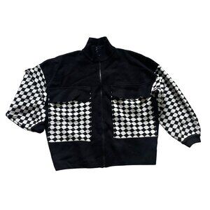 More In Love Womens Black & White Checkered Sleeve Zip-Up Sweatshirt Jacket S